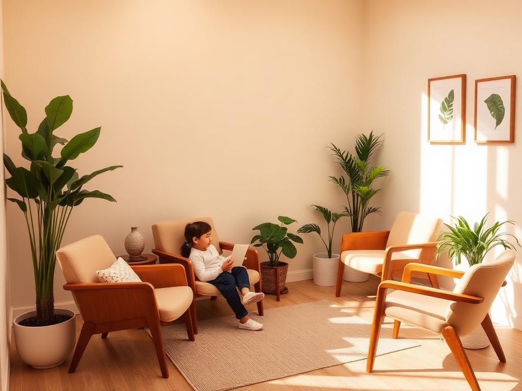 Warm parent consultation room with comfortable seating and plants