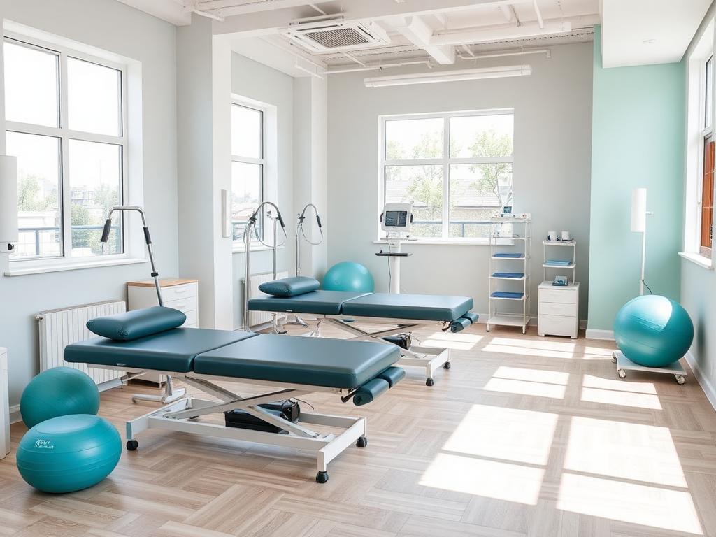 Modern physiotherapy treatment area with treatment tables and exercise balls