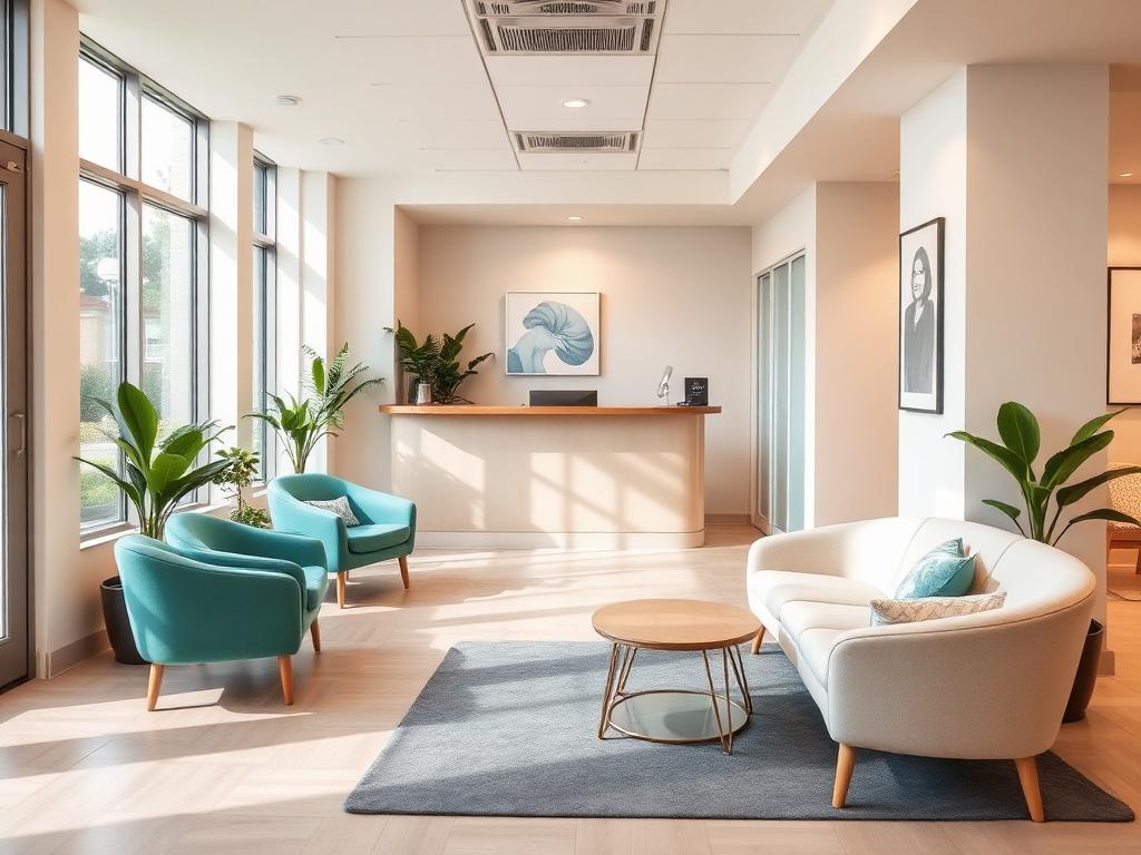 Welcoming clinic reception with soft teal seating