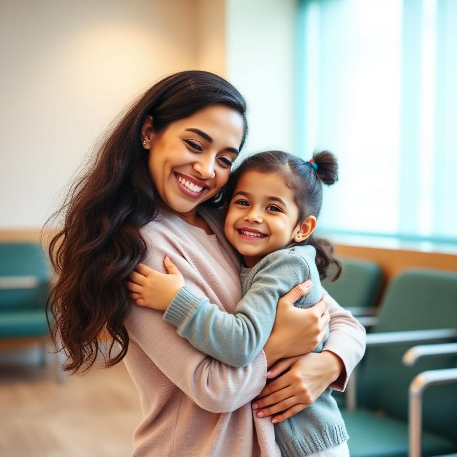 Parent hugging happy child in a warm clinic waiting area